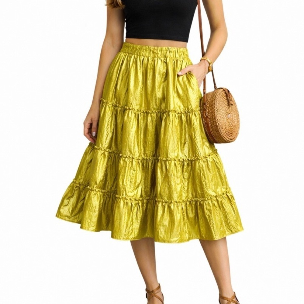 Alter Egos Bazaar Handmade‎ Crinkle Tier Midi Skirt S Chartreuse Chiffon 20-32"W